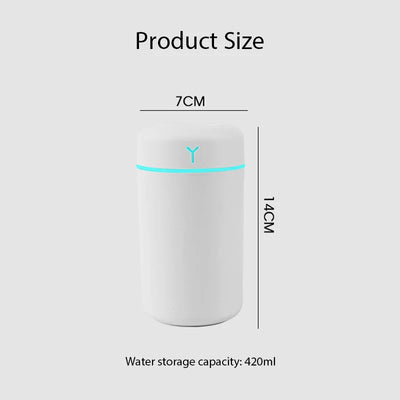 Pink portable humidifier with a blue LED light band, emitting fine mist, on a white pedestal. - Image 10