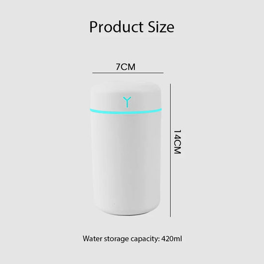 Pink portable humidifier with a blue LED light band, emitting fine mist, on a white pedestal. - Image 10