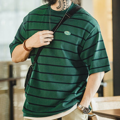 Camisa Retro de Rayas Finas con Contraste y Manga Corta para Hombre