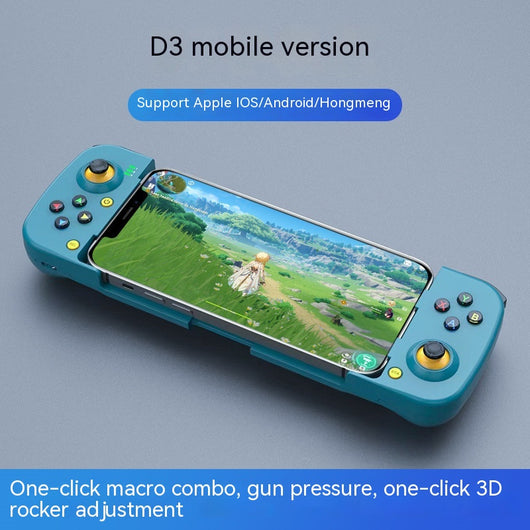 Teal mobile phone wireless game handle with a smartphone inserted, displaying a game, compatible with iOS and Android. - Image 7