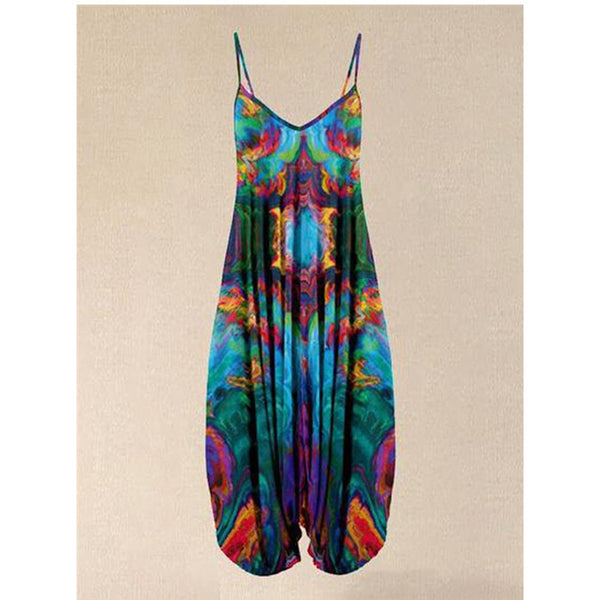 Jumpsuit Holgado con Estampado Étnico y Tirantes para Playa - Talla Plus