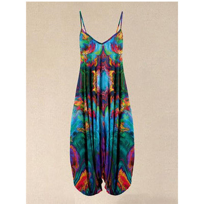Jumpsuit Holgado con Estampado Étnico y Tirantes para Playa - Talla Plus