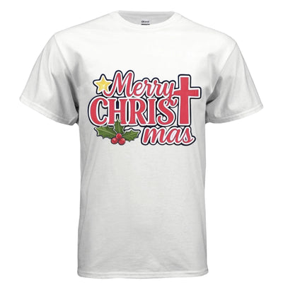 White short-sleeve t-shirt with a red 'Merry Christmas' graphic, featuring a cross, star, and holly berries.