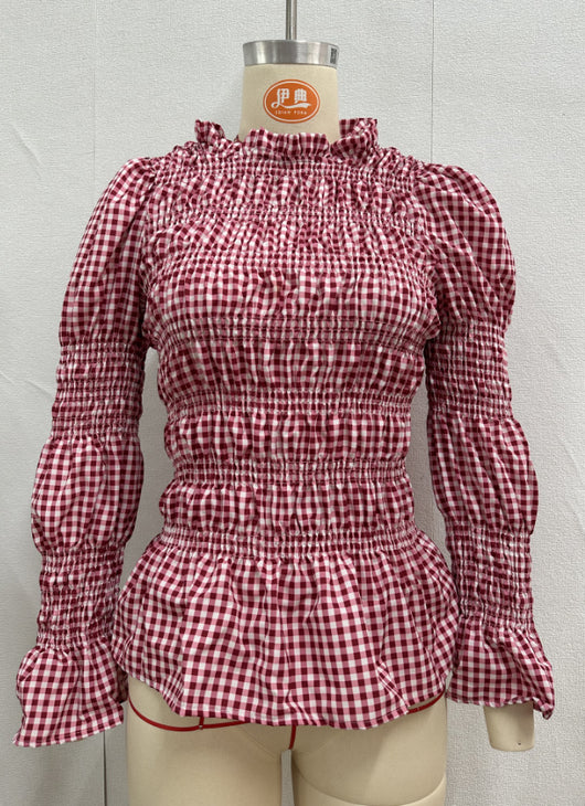 Blusa Ajustada con Pliegues y Estampado Cuadros para Mujer - Image 13