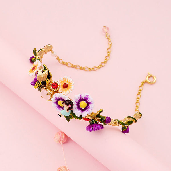 Pulsera de Flores Esmaltadas Pintadas a Mano - Diseño Abeja y Corazón