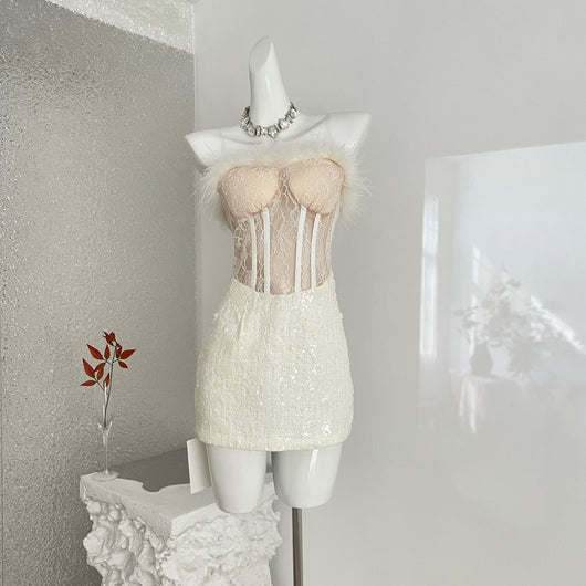 Vestido Bodycon Strapless con Detalles de Encaje y Pelaje - Minivestido Elegante para Fiestas - Image 2