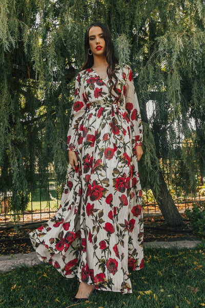 Mother and daughter in matching white dresses with red floral print, V-neck, long sleeves, and tie-waist. - Image 10