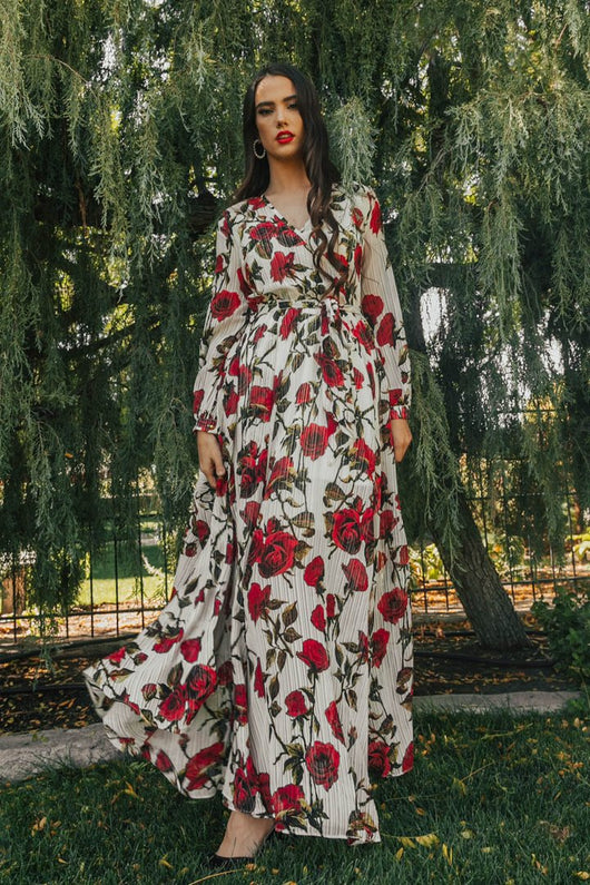 Mother and daughter in matching white dresses with red floral print, V-neck, long sleeves, and tie-waist. - Image 10