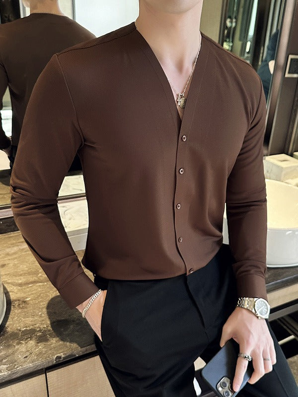 Camisa de Cuello V Manga Larga con Textura Waffle para Hombre
