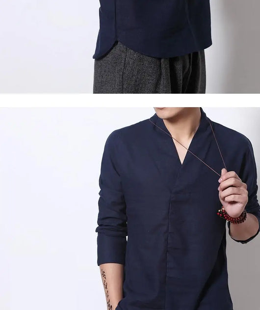 Camisa Lino Manga Larga Estilo Chino Retro para Hombre - Image 8