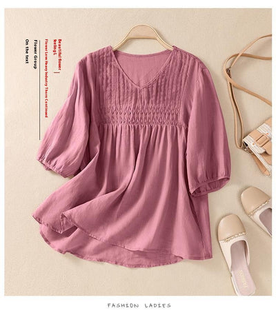 Blusa Suelta de Algodón y Lino con Cuello V - Image 23