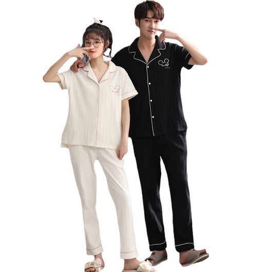 Matching red cotton couple pajamas with short sleeves, long pants, gold piping, and "Love you Dnaw" embroidery. - Image 5