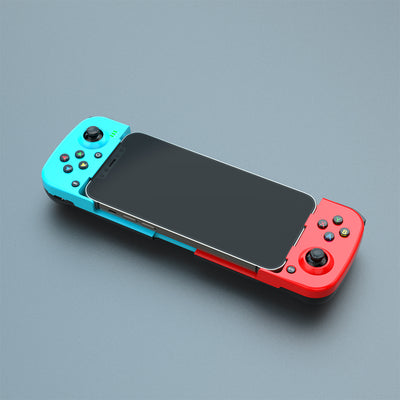 Black retractable game handle with red accents, dual joysticks, D-pad, and colored action buttons.