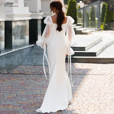 Vestido de Novia Sirena en Satén Elegante con Mangas Puff Largas - Image 7