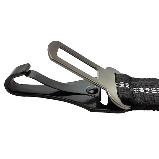 Black reflective pet car seat belt with elastic buffer, seat belt buckle, and metal carabiner clip. - Image 7