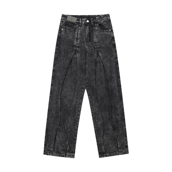 Calça Jeans Larga com Pregas e Estampa de Floco de Neve