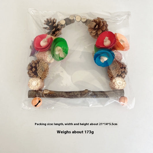 Natural wood parrot swing with pine cones, colorful wooden pieces, and small bells for chewing and perching. - Image 7