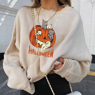 Suéter Navideño con Estampado de Calabaza Cuello Redondo Manga Larga
