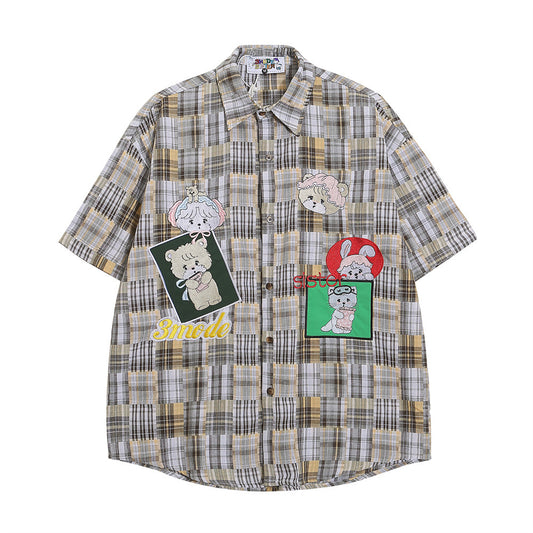 Camisa Cuadros Suelta Manga Corta para Hombre