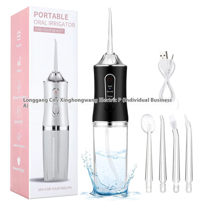 Four portable electric water flossers in green, pink, black, and silver, with clear water tanks, displayed next to their box. - Image 12
