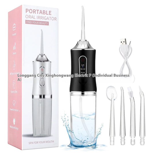 Four portable electric water flossers in green, pink, black, and silver, with clear water tanks, displayed next to their box. - Image 12