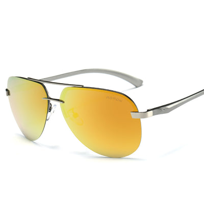 Rimless aviator sunglasses with orange mirrored polarized lenses and silver-toned metal temples on a white background. - Image 17