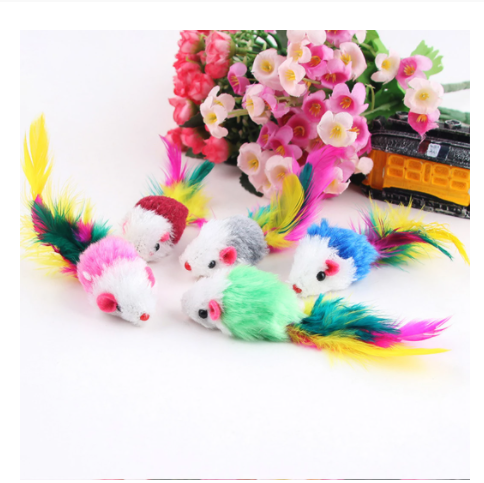 Plush mouse cat toy with a grey and white body, pink ears, and a vibrant feather tail in pink, yellow, and blue. - Image 4
