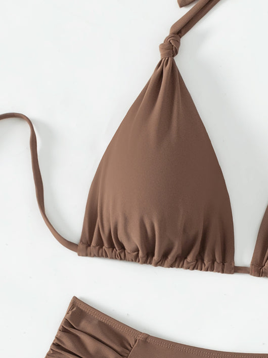 Solid olive green triangle halter bikini swimsuit for women, featuring a high-waisted bottom with ruched sides. - Image 16