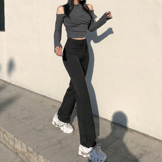 Pantalón Recto Mujer Diseño a Rayas Estilo Moderno