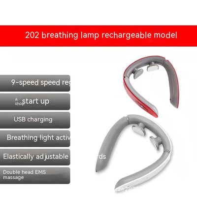 White and gray U-shaped neck massager with six silver electrode pads and control buttons on one arm. - Image 6