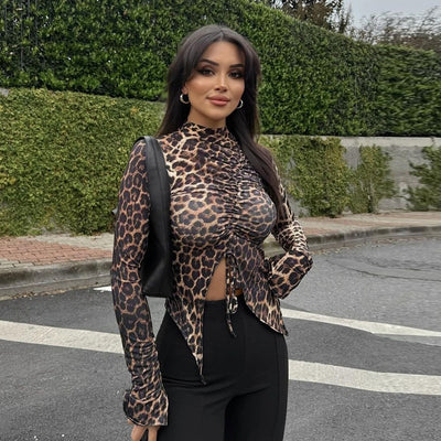 Blusa Ajustada de Manga Larga con Estampado Leopardo y Cordón - Image 22
