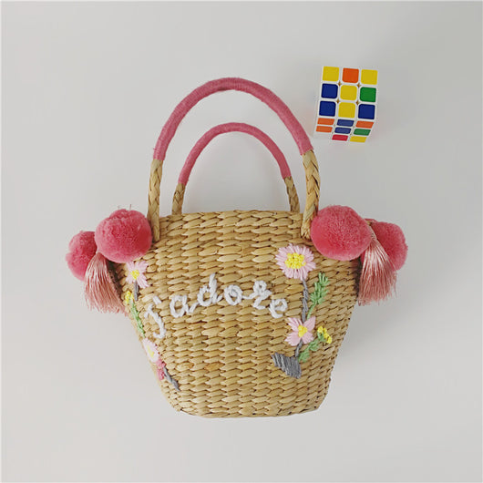 Bolsa de Paja Bordada con Detalles de Letras y Pompones para Mujer - Image 7