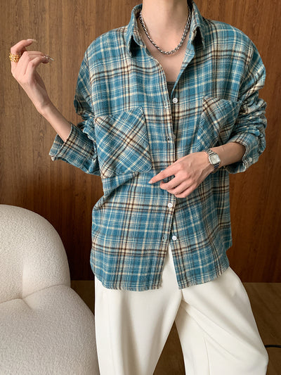 Camisa de Algodón Peinado Estilo Vintage a Cuadros Manga Larga - Image 12