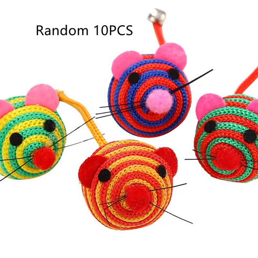 Four colorful nylon rope cat toys shaped like mice, with striped patterns, felt ears, pom-pom noses, and string whiskers. Some have small bells. - Image 6