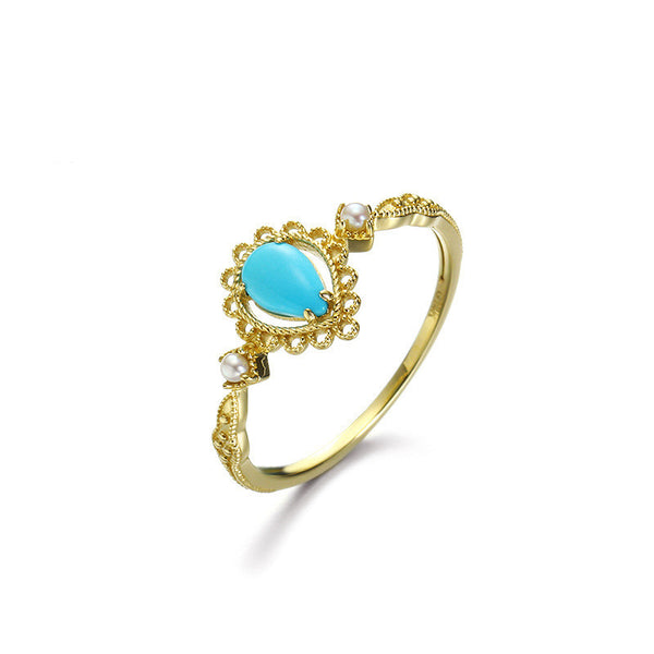 Anillo de Turquesa Natural y Perla con Patrón Calado
