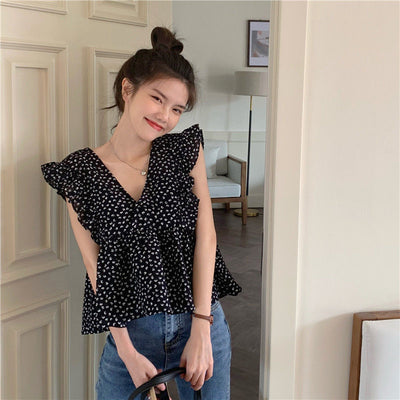 Blusa Sin Mangas con Cuello Volante y Estampado Floral