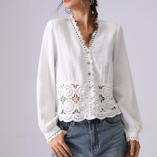 Blusa Suelta de Encaje Hueco Francés para Mujer - Image 6