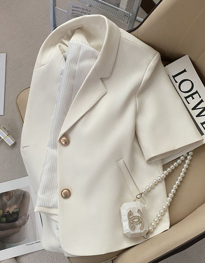 Blazer Ejecutivo Blanco Crema de Manga Corta para Mujer - Image 11