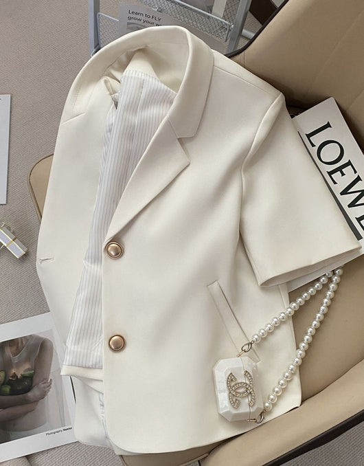 Blazer Ejecutivo Blanco Crema de Manga Corta para Mujer - Image 11