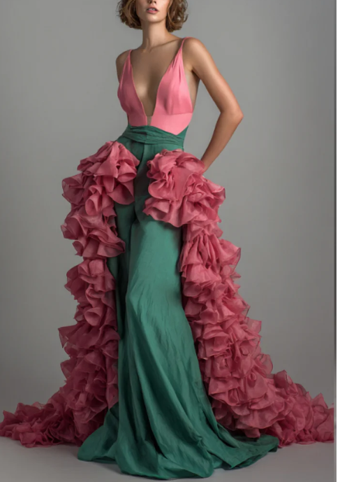 Vestido de Gala Bicolor con Escote en V y Falda Desmontable con Volantes en Cascada