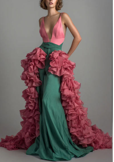 Vestido de Gala Bicolor con Escote en V y Falda Desmontable con Volantes en Cascada