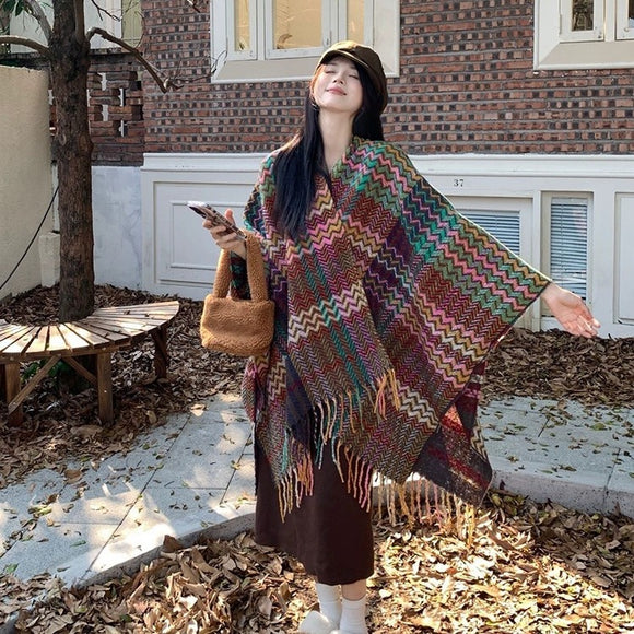 Rebozo Étnico Grueso con Borlas para Viajes y Clima Frío