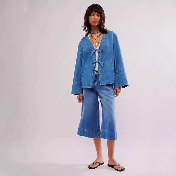 Chaqueta Camisa Denim Lavado con Bolsillos y Mangas Largas