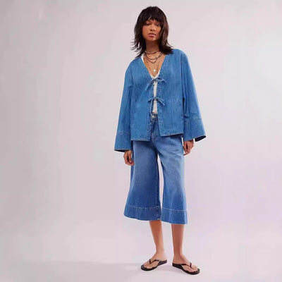 Chaqueta Camisa Denim Lavado con Bolsillos y Mangas Largas