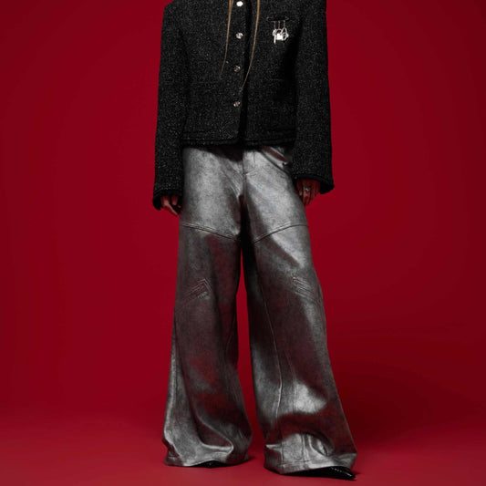 Pantalón Plata Holgado de Pierna Ancha - Casual Moderno