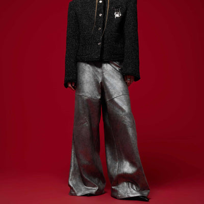 Pantalón Plata Holgado de Pierna Ancha - Casual Moderno