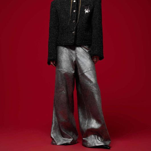 Pantalón Plata Holgado de Pierna Ancha - Casual Moderno