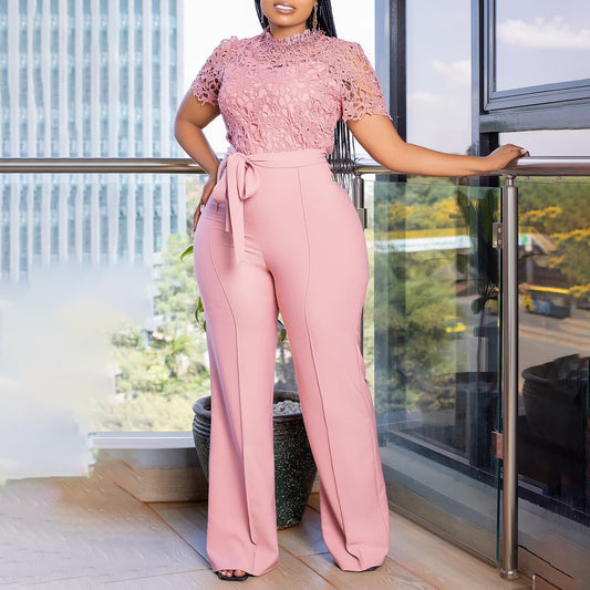 Jumpsuit de Encaje Elegante con Cintura Anudada y Piernas Anchas