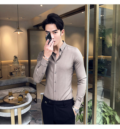 Camisa Manga Larga Estilo Gentleman Británico de Color Sólido - Image 38
