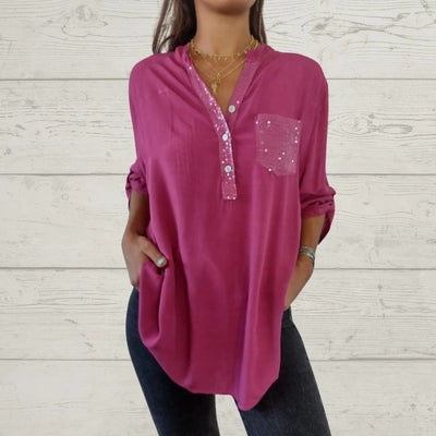 Blusa Casual V-Neck con Bolsillos y Parches Lentejuelas para Mujer - Image 3